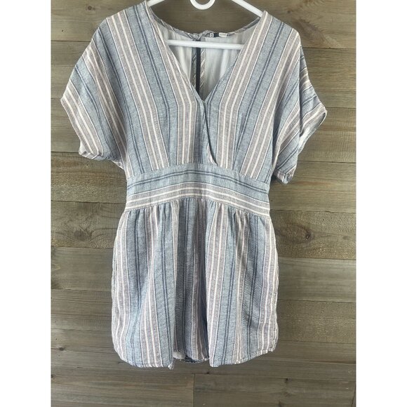 American Eagle Womens Romper Striped VNeck Cinched Waist Linen Blend Large - Picture 1 of 11